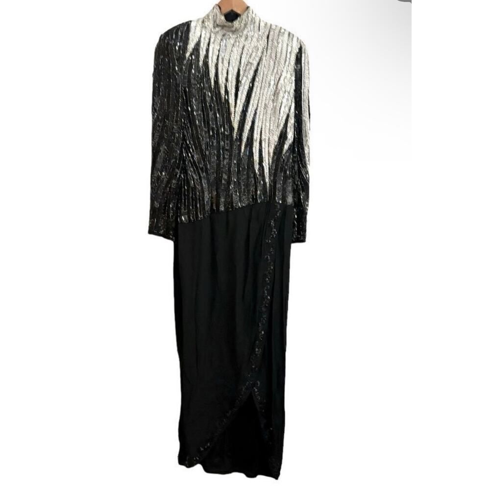 Bob Mackie Boutique Black & Silver Beaded Sequin Evening Gown Vintage Glam Dress - Picture 2 of 11